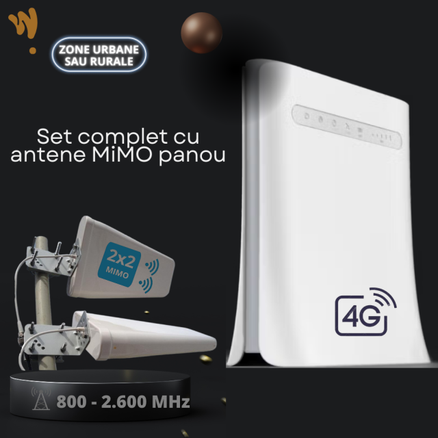  Router 4G MiMo si antene duale panou. Set optimizat pentru internet mobil de mare viteza in orase sau zone suburbane